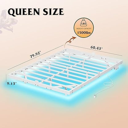 Floating LED Bed Frame with Charging Station | Heavy-Duty Metal Platform, Easy Assembly, No Noise