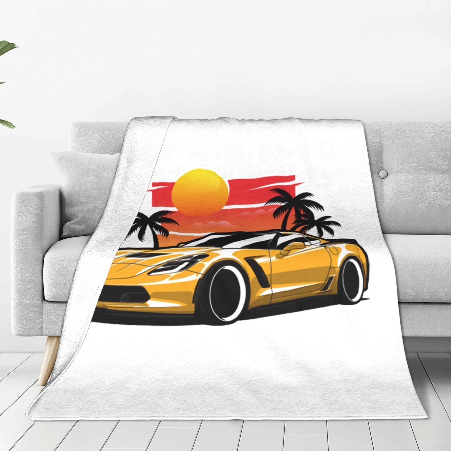 Manta de Lã Amarela Corvette Z06 Pôr do Sol Palmeiras Mantas de Pelúcia Quentes Roupa de Cama Macia para Cama Sala de Estar Casa Piquenique Sofá