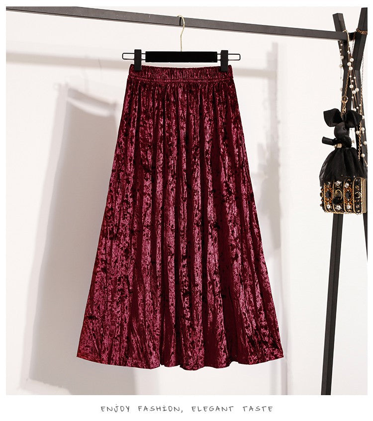 Autumn Winter Girls New A-line Velvet Skirt 2025 Plus Size Gold Velvet Half Pleated Skirt Solid Versatile High Waist Mid Skirt