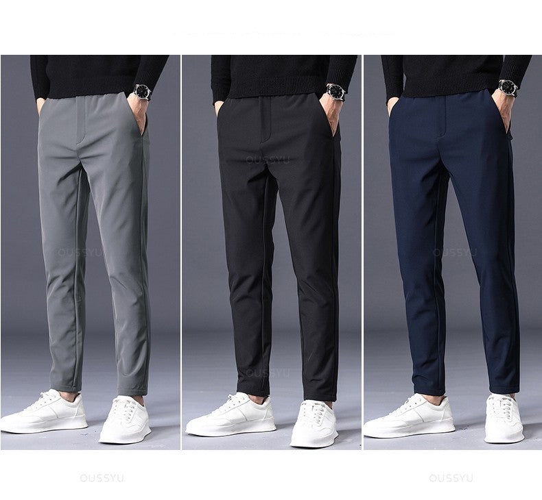 Winter Warm Men's Fleece Pants Thick Business Stretch Slim Fit Elastic Waist Jogger Korean Classic Black Gray Blue Trousers Male