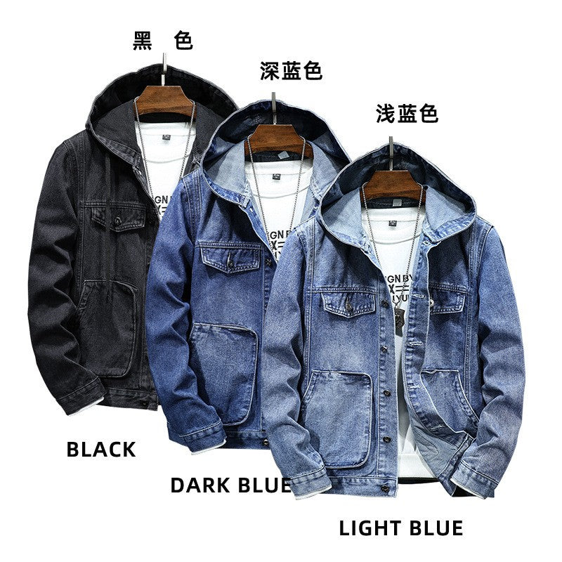 Men Denim Jackets Coats Button Coat Hooded Jacket Full Sleeve Casual Splice Regular Open Stitch Pockets Solid Spring 2025