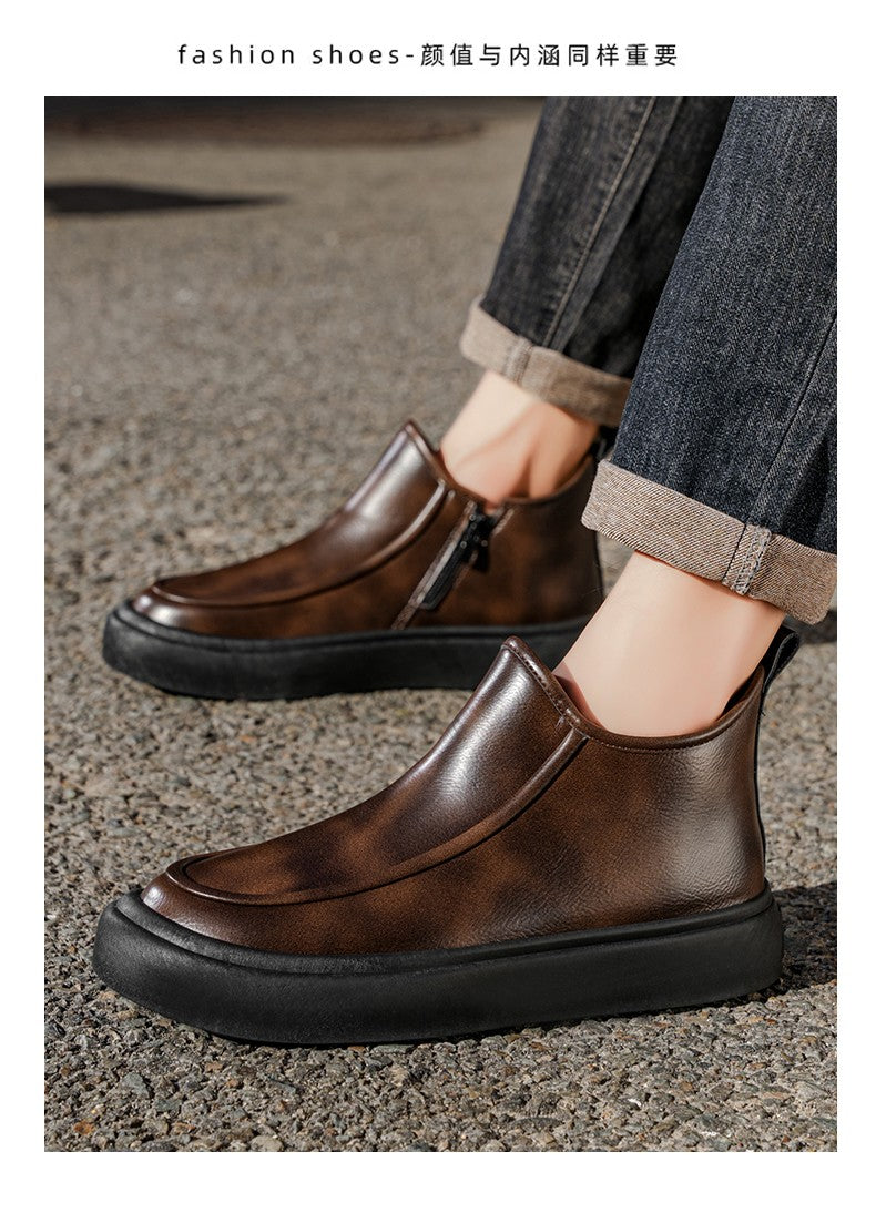 2025 Autumn New Leather Short Boots, Mid-calf Zipper Casual Outdoor Shoes, Anti-slip and Wear-resistant Men's Work Boots