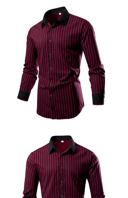 Men's White Vertical Stripe Long Sleeve Shirts, Single Breasted Lapel Shirt, Blue Gray Red Khaki Available, European Size S-XXL