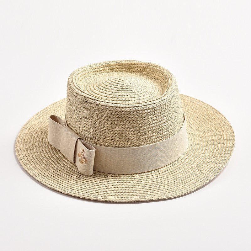 Novos Chapéus de Palha Primavera Verão Femininos de Superfície Ondulada, Topo Reto, Laço, Boné de Vestido, Chapéu de Sol para Viagem e Praia, Gorra