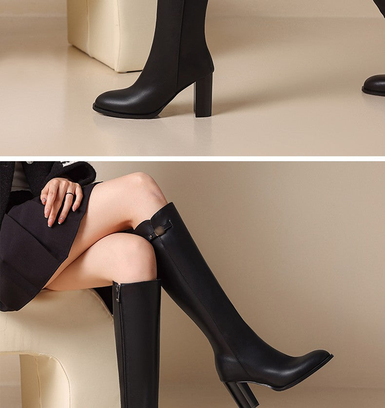 Ods Soft Cow Leather Black Knee High Boots Chunky Mid Heels Zipper Women's Long Boot Big Size Luxury Designer Sexy Shoes 4143 46