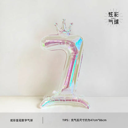 32Inch Transparent Colorful Crown Digital Aluminum Film Balloon with Base Happy Birthday Party Decor Kids Adults Baby Showers