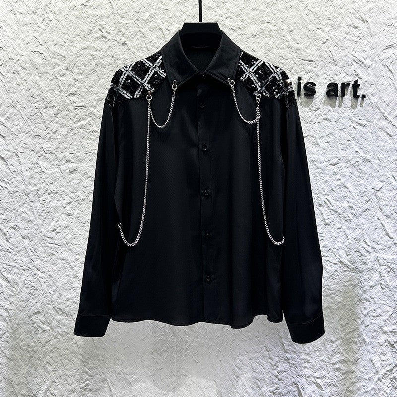 New high-end personalized metal chain design for men's long sleeved patchwork loose sequined shirt