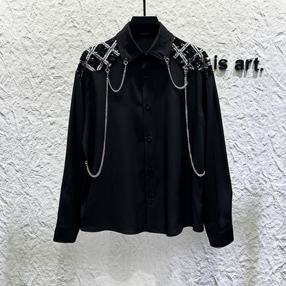 New high-end personalized metal chain design for men's long sleeved patchwork loose sequined shirt