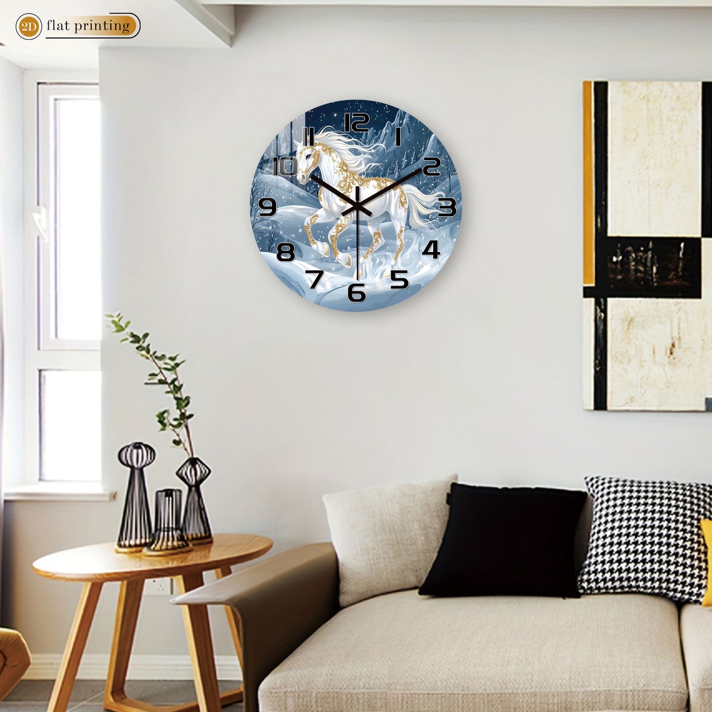 White Horse Snowy Landscape Wall Clock, Golden Ornamental Winter Scene, Festive Dreamy Unicorn-Inspired Home Decor