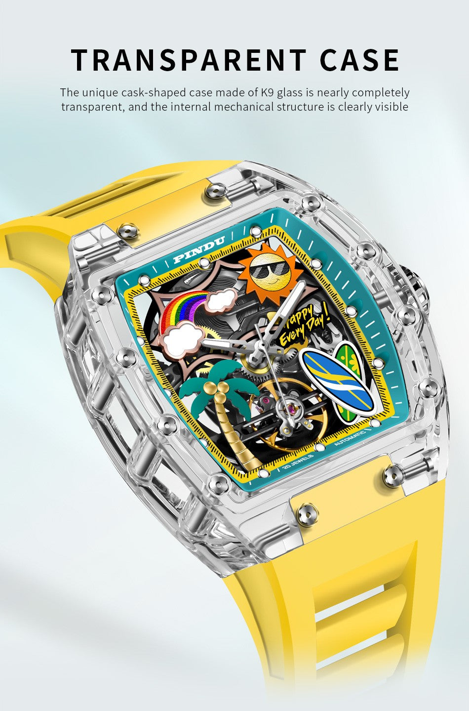 New PINDU Watch Unique Dial Design Style Men Mechanical Watch Summer Beach Fashion Watch Glowing Waterproof Resin silicone strap