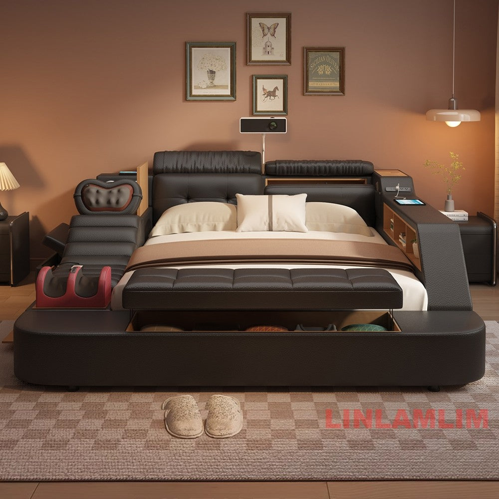 Luxury Tech Smart Multifunctional Bed with Massage Chair, Bluetooth Speakers, Projector, USB – Modern Upholstered King Size Bed
