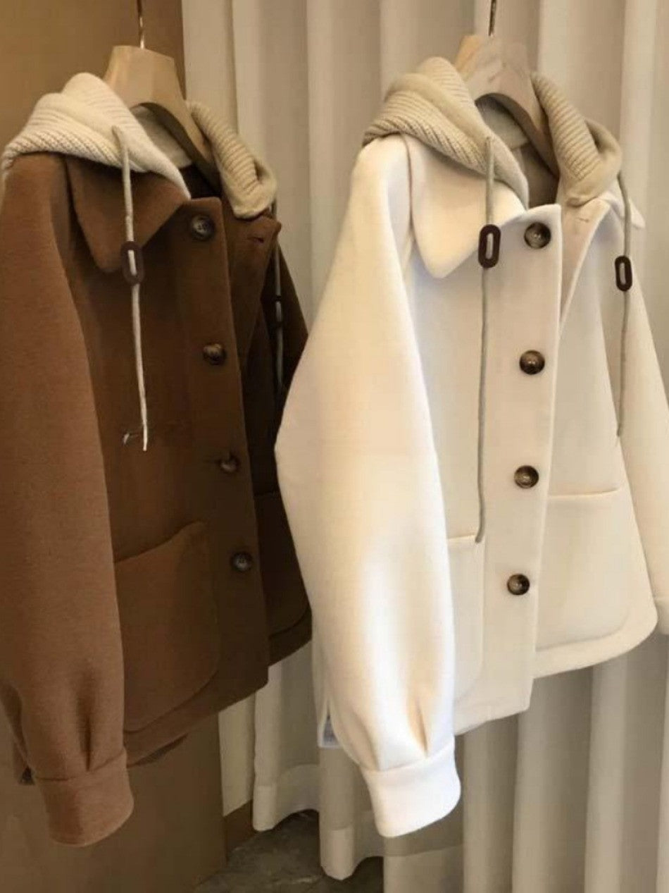 Women's Autumn Winter New Hooded Woolen Jacket New Woolen Coat Style Petite Cropped Thickened Feeling Short Style Overcoat