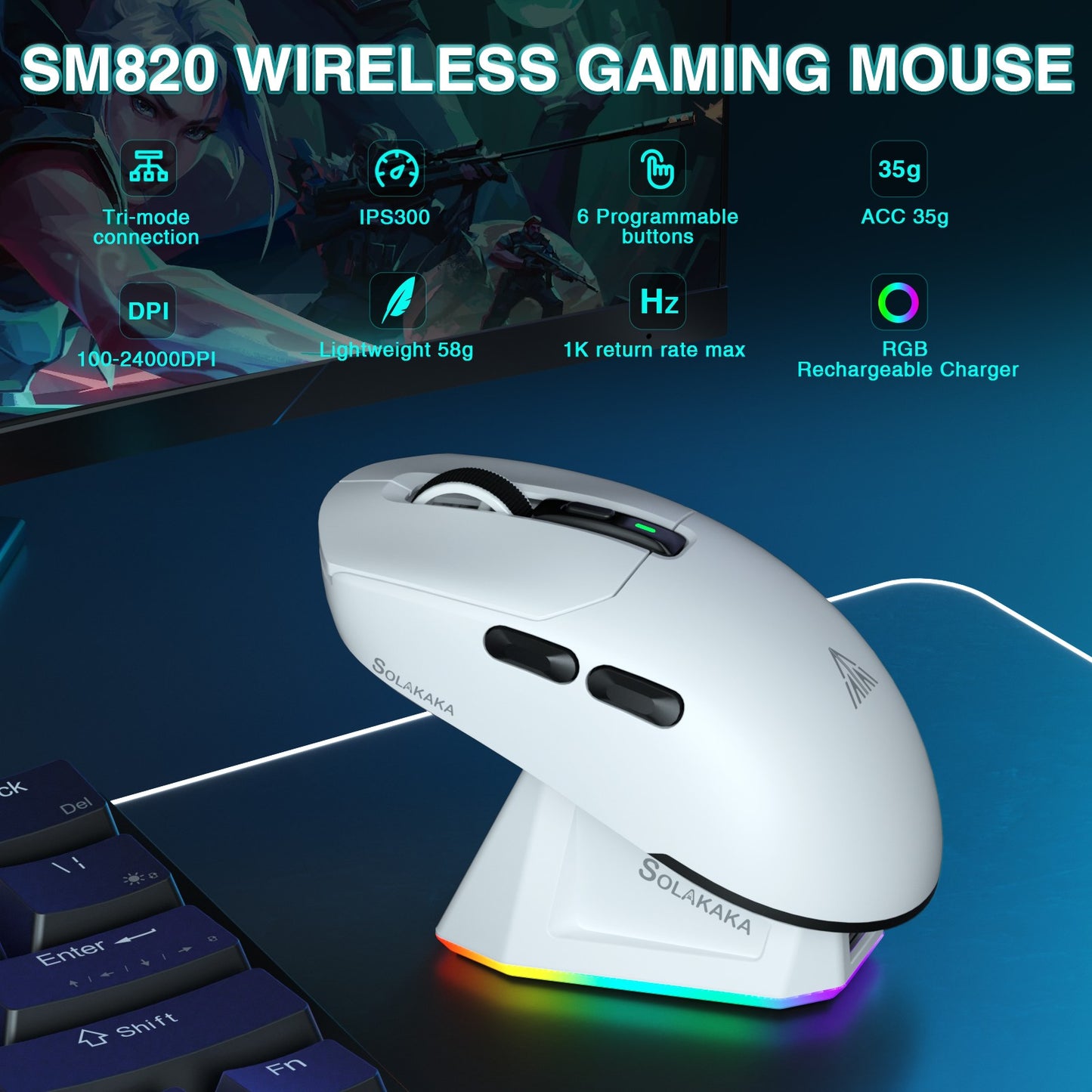 Mouse Gamer Sem Fio Tri-modo SOLAKAKA SM820 com Base Magnética Recarregável RGB PAW3311 24000DPI Macro Leve