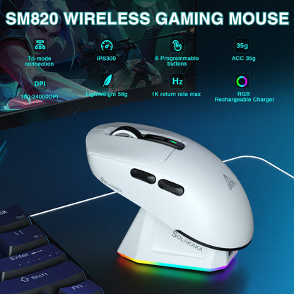 Mouse Gamer Sem Fio Tri-modo SOLAKAKA SM820 com Base Magnética Recarregável RGB PAW3311 24000DPI Macro Leve