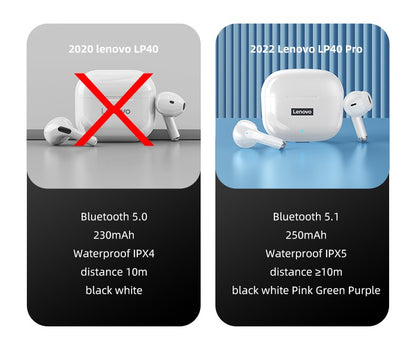 Fone de Ouvido TWS Original Lenovo LP40 Pro 100% Sem Fio Bluetooth 5.1 Esportivo com Redução de Ruído Controle de Toque 250mAh Novo 2022