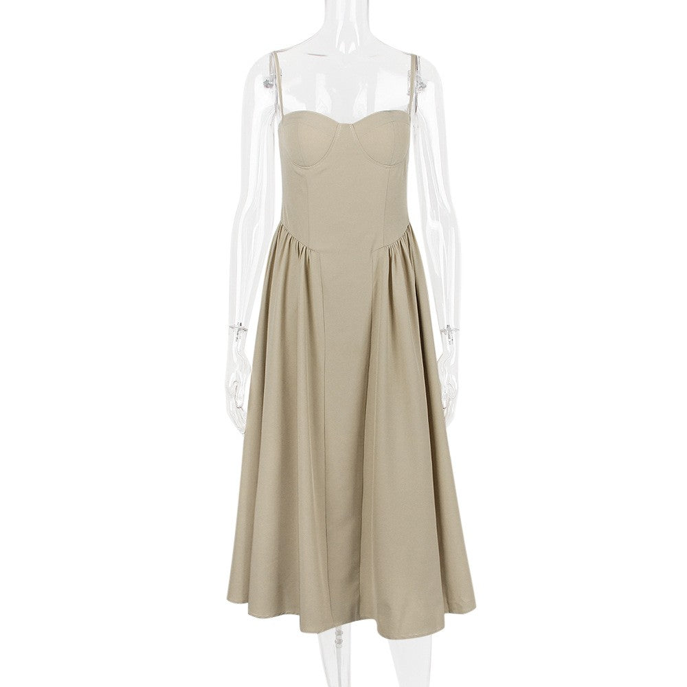 Summer Women Elegant Sleeveless Backless Pleated Dresses Lady Sexy Solid Sling M