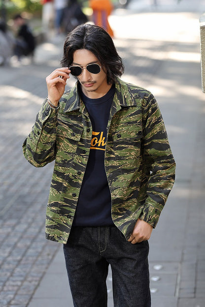 2025 Spring Men's Tiger Stripe Camo Camouflage Cargo Shirt Fashion Work Engineer Long Sleeved Shirt Jacket With Double Pockets