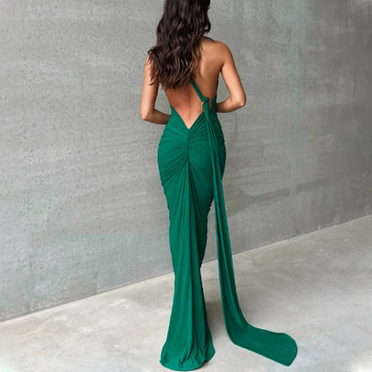 Hugcitar One Shoulder Backless Adjustable Scarf Loop Ruched Sexy Maxi Dress Wome