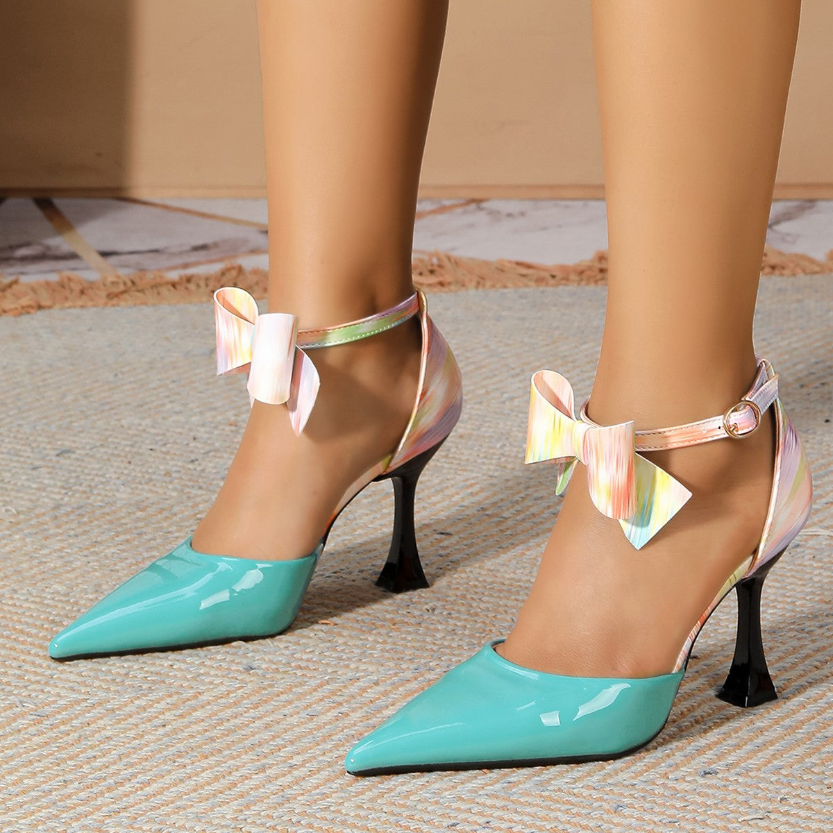 9CM High Heels Dress Shoes Summer Bowknot  Ankle Strap Blue Pointed Toe Women Sandals Ladies 2025 Elegant Outdoors Walking Shoes