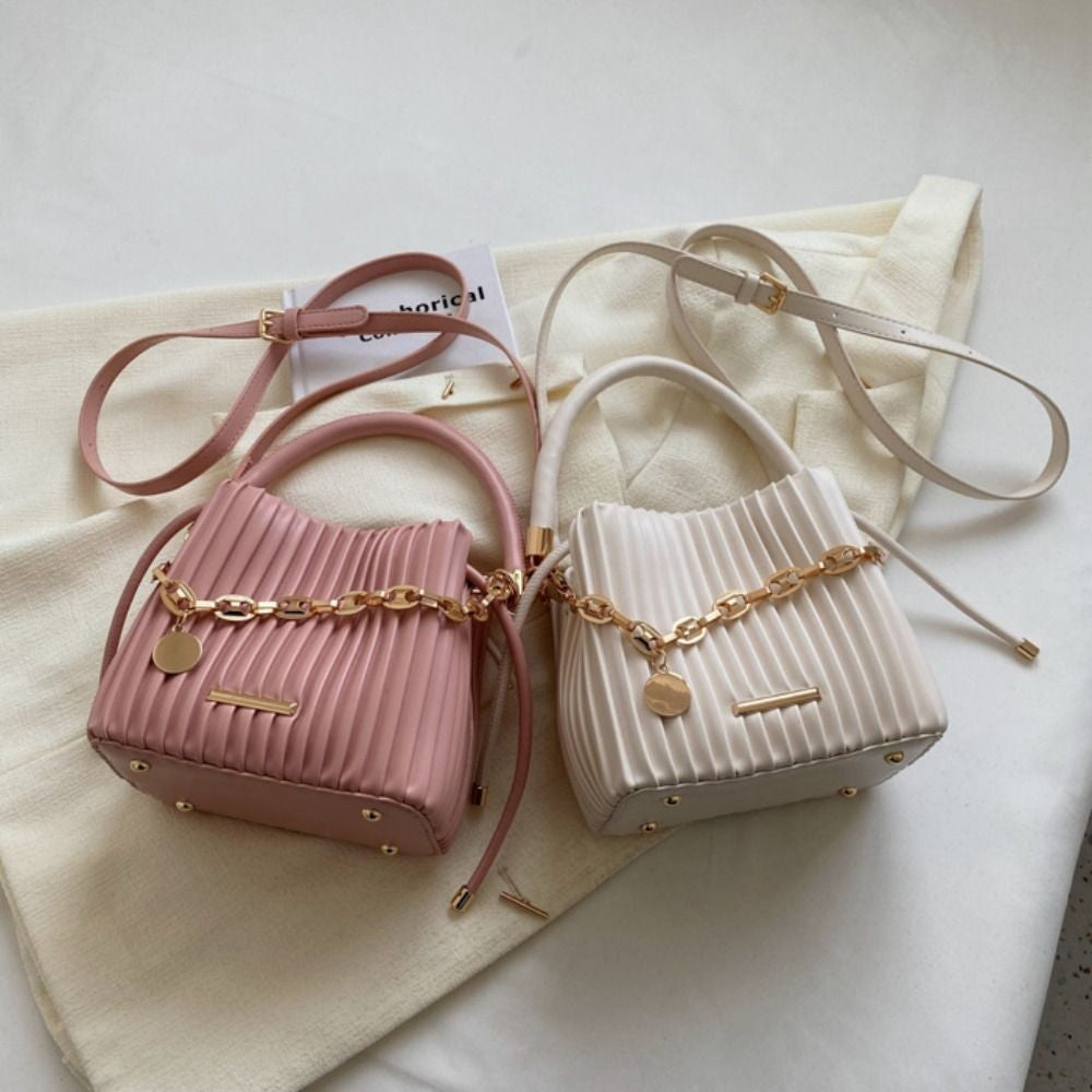 Unique Pleated Design Crossbody Bag Stylish Elegant Bucket Bag Chain Shoulder Messenger Bag Evening