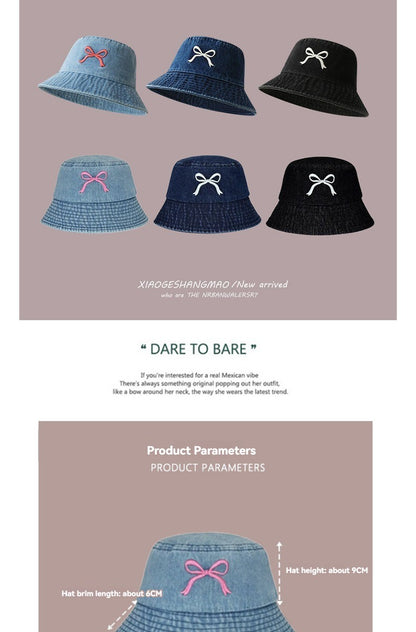 A Fisherman's Hat Three-Dimensional Embroidery Bow Travel Shopping Washed Denim Basin Hat