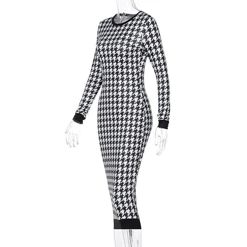 Houndstooth Print Women Long Sleeve Midi Dress Hollow Out Bodycon Sexy Streetwea