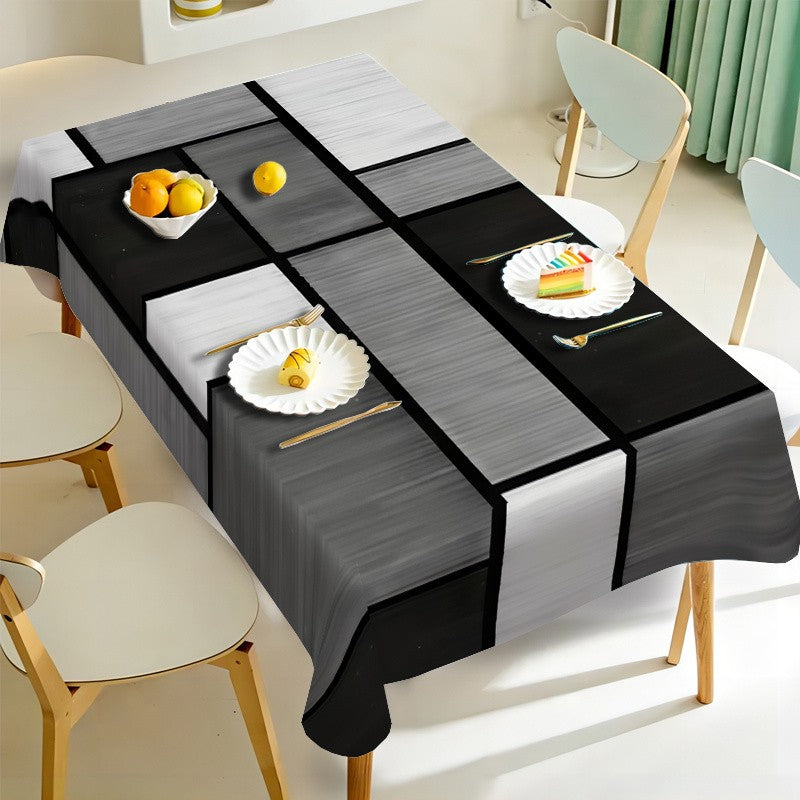 Elegant Black and White Geometric Print Tablecloth - Rectangular Polyester Dining Table Cover for Festive Party Decor