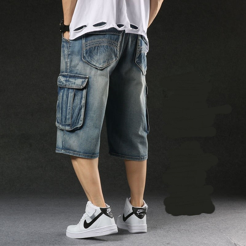 2025 new European and American multi pocket work pants, seven quarter denim shorts, men's wide leg loose oversized trendy brand