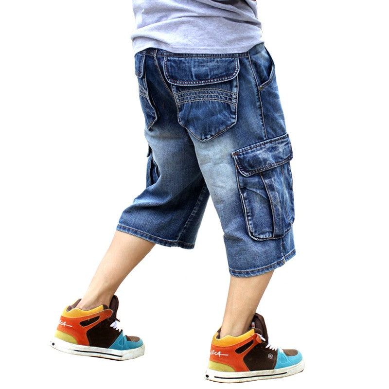 ABOORUN Mens Plus Size Loose Baggy Denim Shorts Fashion Streetwear Hip Hop Skateboard Cargo Jeans Short for Male R1402