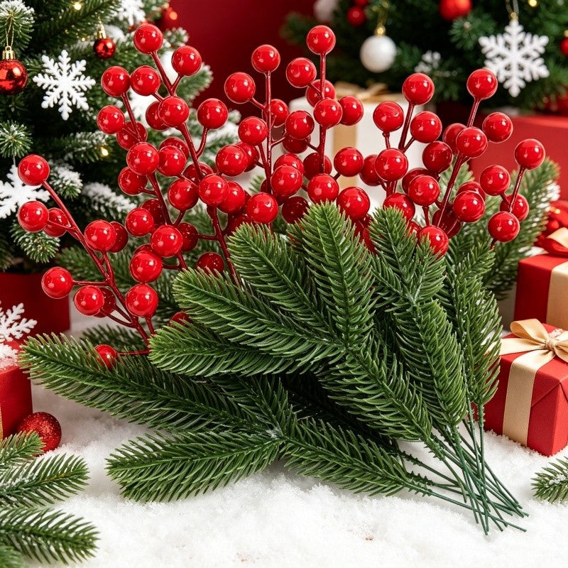 10Pcs Artificial Pine Branches Holly Berries Red Berry Branches for Xmas Tree Decor Wreath Navidad Gift Christmas Decoration