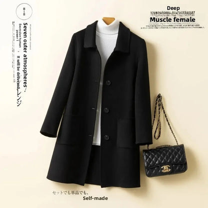 High-End Korean Style Double-Faced Cashmere Woolen Coat for Women Mid-Length Thickened Polyester Fiber Winter Outerwear