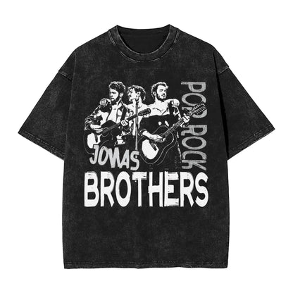 Summer Men's Retro Women's Casual Crew Neck Fashion Loose Clothing Jonas Brothers Washed Short Sleeve 100% Cotton T-Shirt