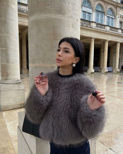 Faux fur jacket Traf   Fall/Winter New Fashion Women's Faux Fur Effect Round Neck Long Sleeve Short Jacket 2025