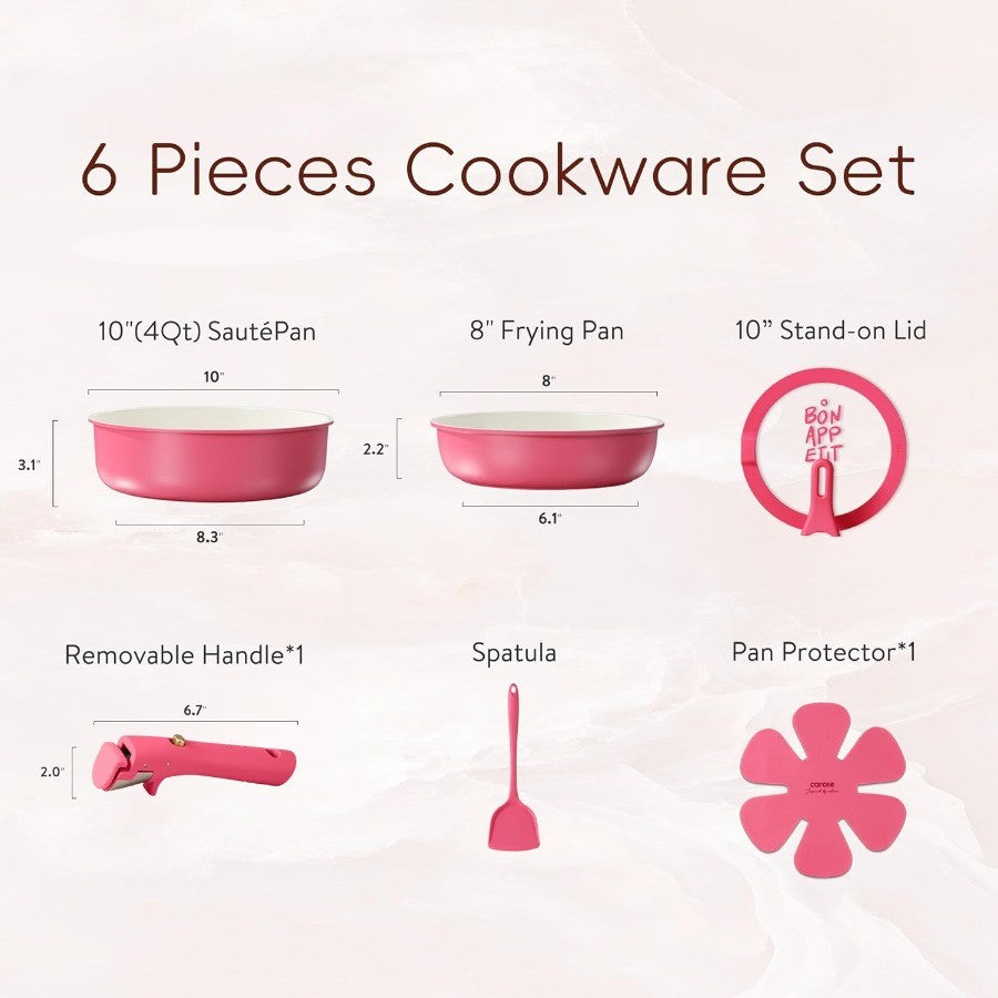 Pink Ceramic Pots and Pans Set with Lid Detachable Handle Saute Pan Set Non Stick Non Toxic Frying Pan Oven Safe and Induction