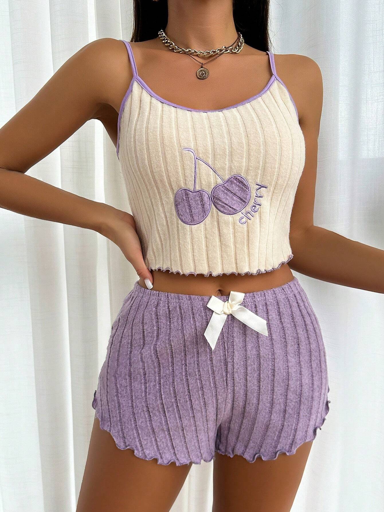 Women Casual Summer 2pcs Pajamas Simple Ground Wool Halter Vest Tops and Shorts Set Home Wear Sleepwear Loungerwear