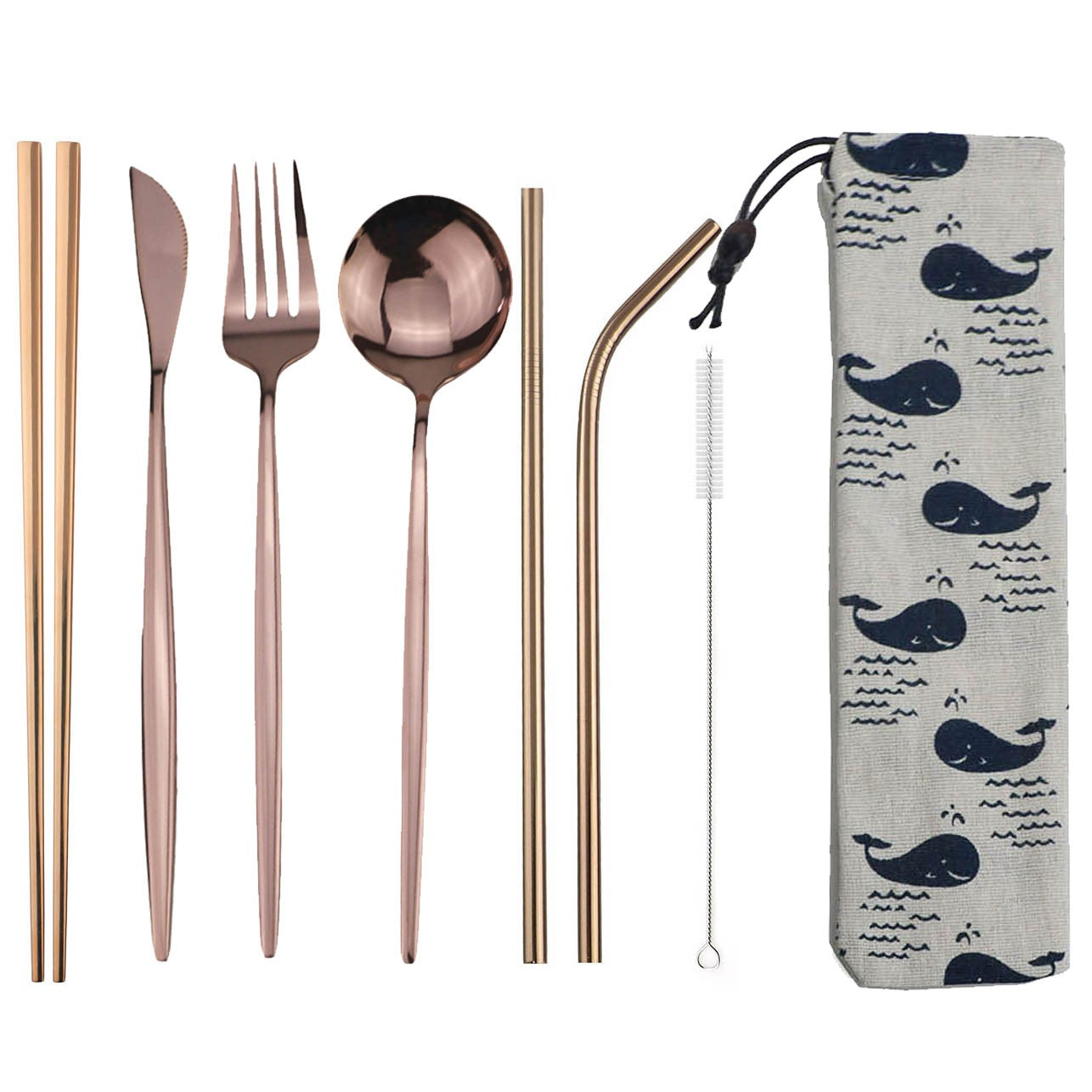 Conjunto de Talheres de 8 Peças Portátil para Viagem, Azul, Faca, Garfo, Colher, Hashis e Canudo de Aço Inoxidável com Bolsa