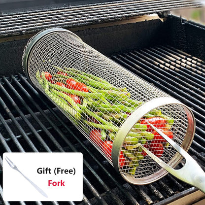 Rolling Bbq Basket- Greatest Grilling Basket Ever, Round Stainless Steel Grill Mesh, Camping Barbecue Rack For Vegetables,Fish
