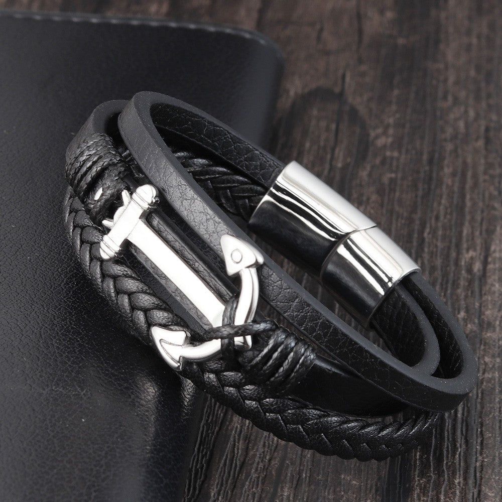 Pulseiras de Âncora Punk de Aço Inoxidável Pulseira de Couro Genuíno e Braceletes Masculinos Joias Pretas Presente de Moda