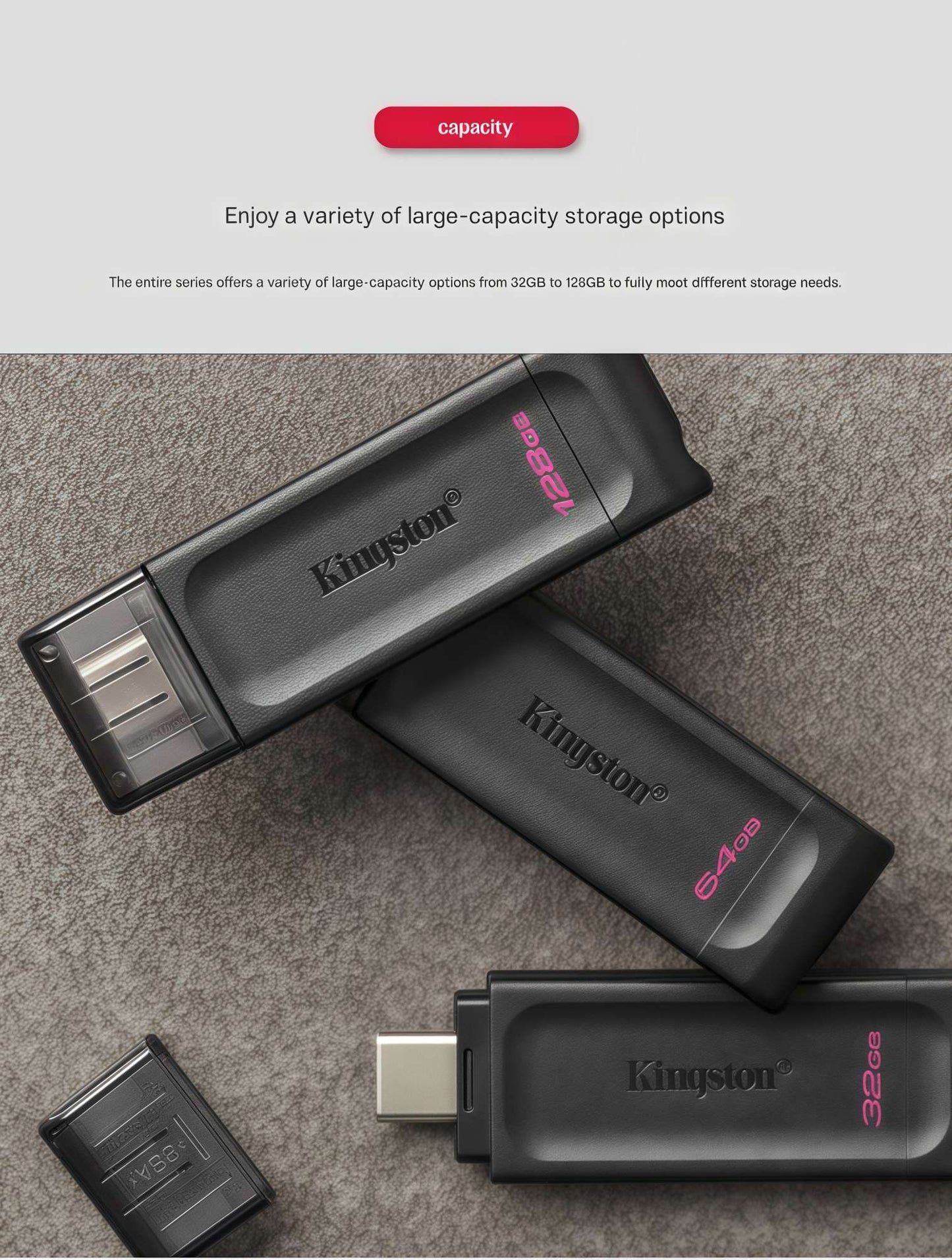 Unidade flash USB 3.2 Gen1 Tipo C de alta capacidade Kingston, preta, compatível com Android, Apple, carro, celulares e PC