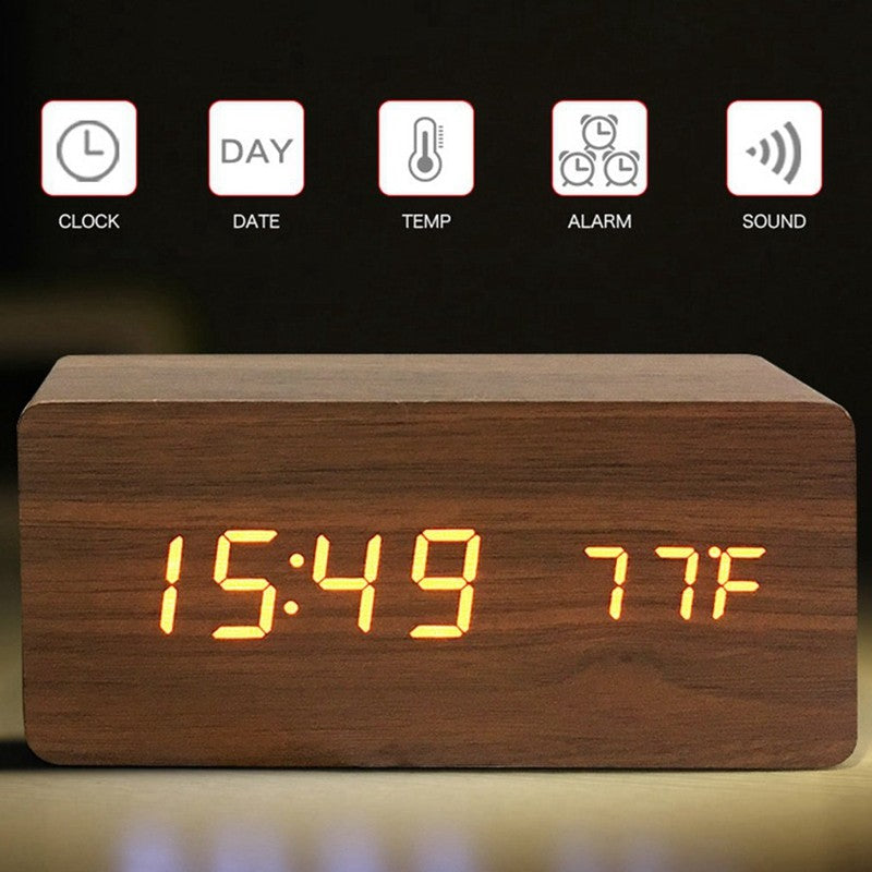 Wooden Digital Alarm Clock, LED Alarm Clock with Temperature Desk Clocks for Office,Bedside Clock