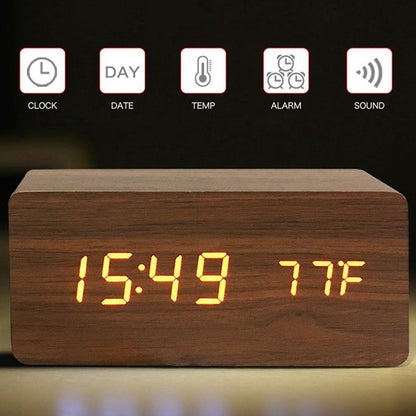 Wooden Digital Alarm Clock, LED Alarm Clock with Temperature Desk Clocks for Office,Bedside Clock