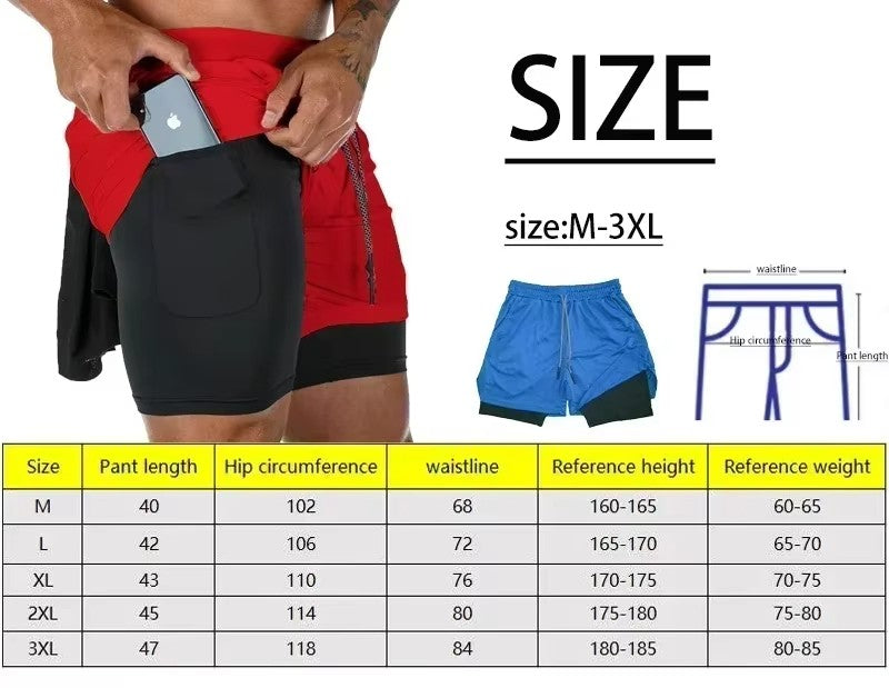 New Gym Double-layer 2-in-1 Men's Sports Shorts with Sweat Absorption Quick Drying Breathable Outdoor Running Fitness Shorts