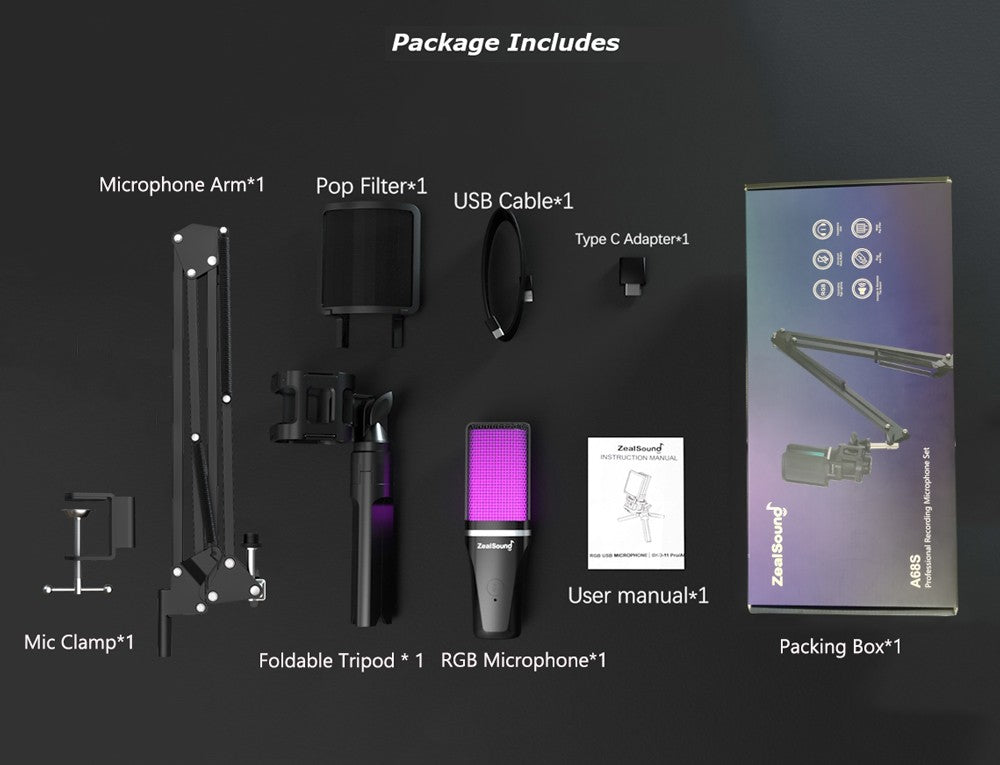 Microfone para Gravação RGB Zealsound com Braço Articulado/Microfone Condensador USB com Tripé para Jogos, Podcast, Streaming e Youtube