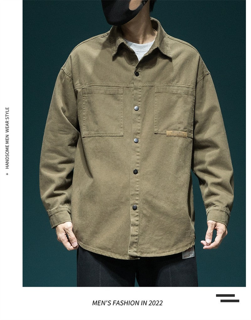 Autumn Men's Long Sleeve Cargo Shirt Casual Korean Fashion Oversize Blouses Hombre 2025 New High Street Y2K T Shirt Baggy Jacket