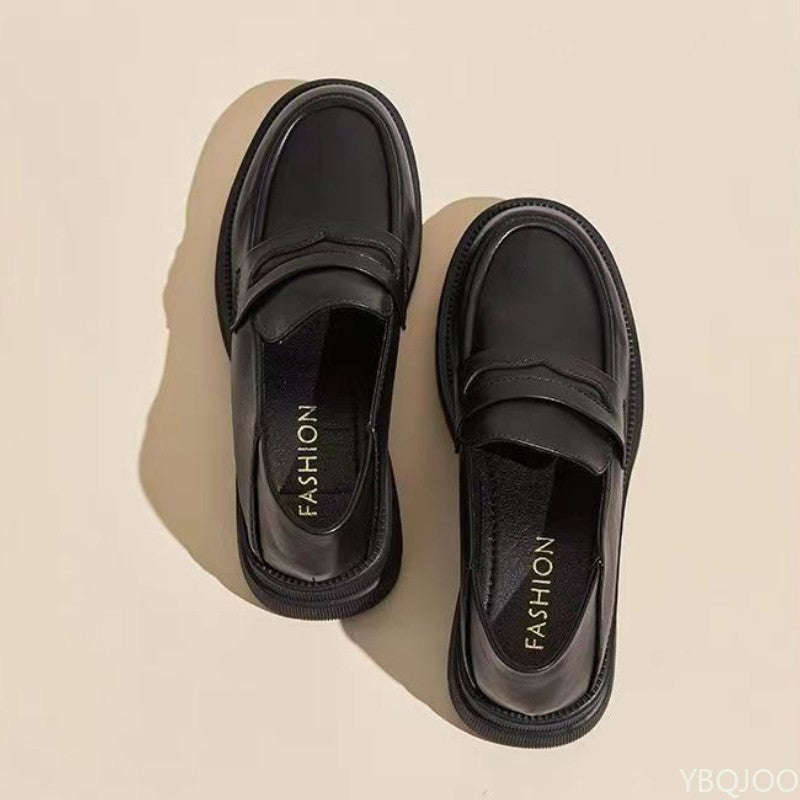 Sapatos Casuais Femininos de Couro Moda Saltos Grossos Cor Sólida Respirável Mocassins Confortáveis Saltos Altos Femininos Zapatos