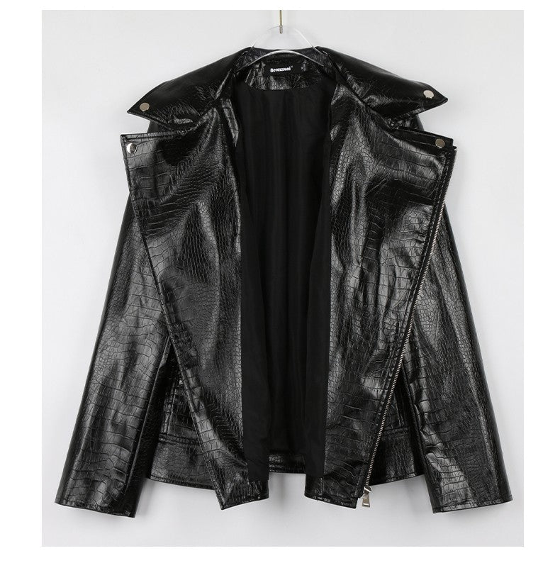 Mauroicardi Spring Red Crocodile Pattern Faux Leather Biker Jacket Long Sleeve Zipper Plus Size Designer Men Clothing 4xl 5xl