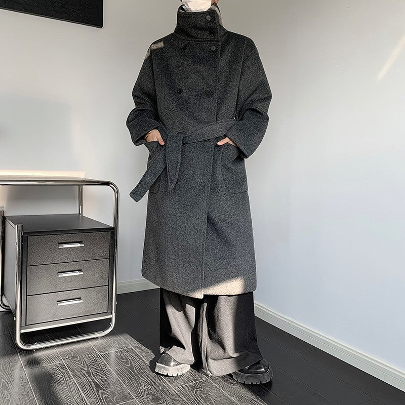 Men's Double-Breasted Wool Blend Overcoat with Belt Loose Fit Solid Color Stand Collar Mid-Length Trench Coat for Autumn Winter