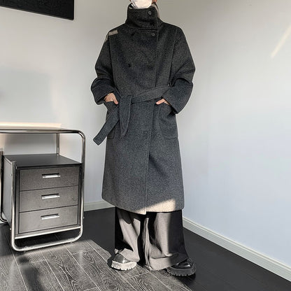 Men's Double-Breasted Wool Blend Overcoat with Belt Loose Fit Solid Color Stand Collar Mid-Length Trench Coat for Autumn Winter