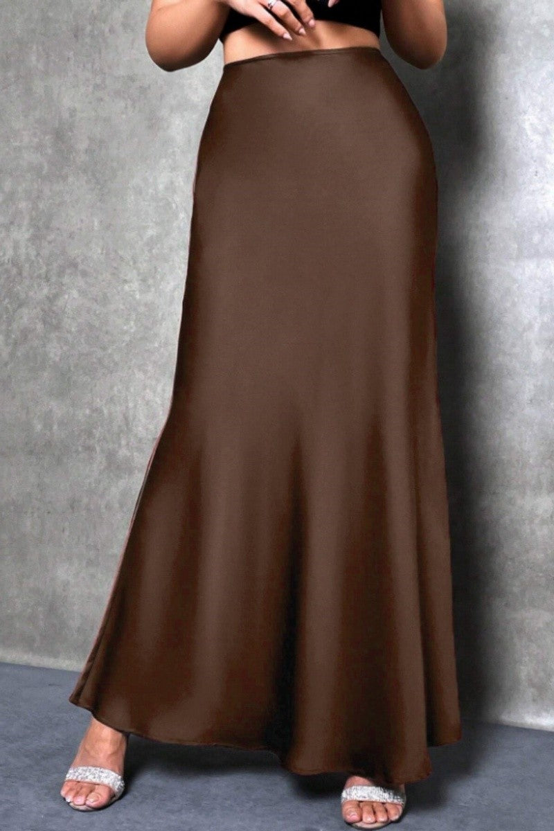 Elegant silk-like satin A-line midi skirt with high waist and mermaid tail for women in spring and summer