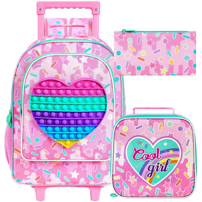 Mochila de Rodinha 3 Peças para Meninas, Mochila Escolar com Rodas para Crianças, Mochila Escolar com Lancheira - Roxo